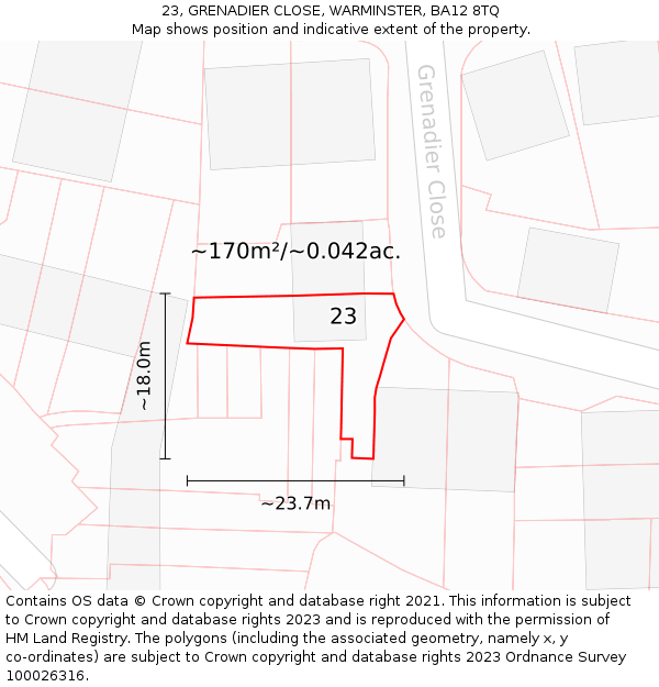 23, GRENADIER CLOSE, WARMINSTER, BA12 8TQ: Plot and title map
