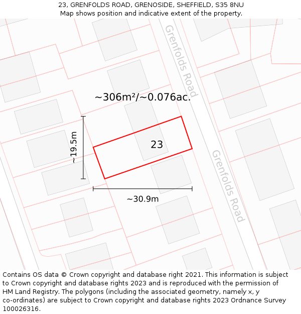 23, GRENFOLDS ROAD, GRENOSIDE, SHEFFIELD, S35 8NU: Plot and title map