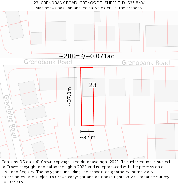 23, GRENOBANK ROAD, GRENOSIDE, SHEFFIELD, S35 8NW: Plot and title map