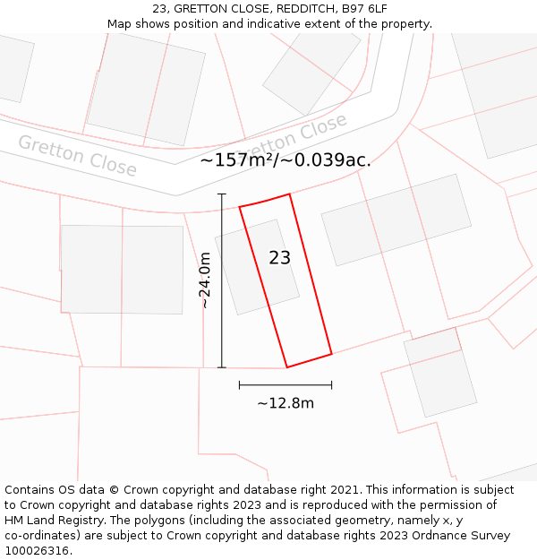 23, GRETTON CLOSE, REDDITCH, B97 6LF: Plot and title map