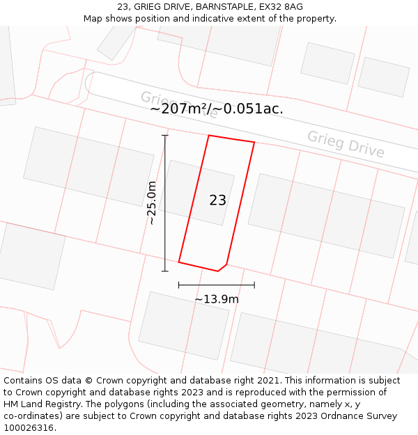 23, GRIEG DRIVE, BARNSTAPLE, EX32 8AG: Plot and title map