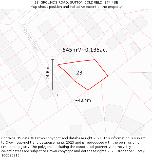 23, GROUNDS ROAD, SUTTON COLDFIELD, B74 4SE: Plot and title map