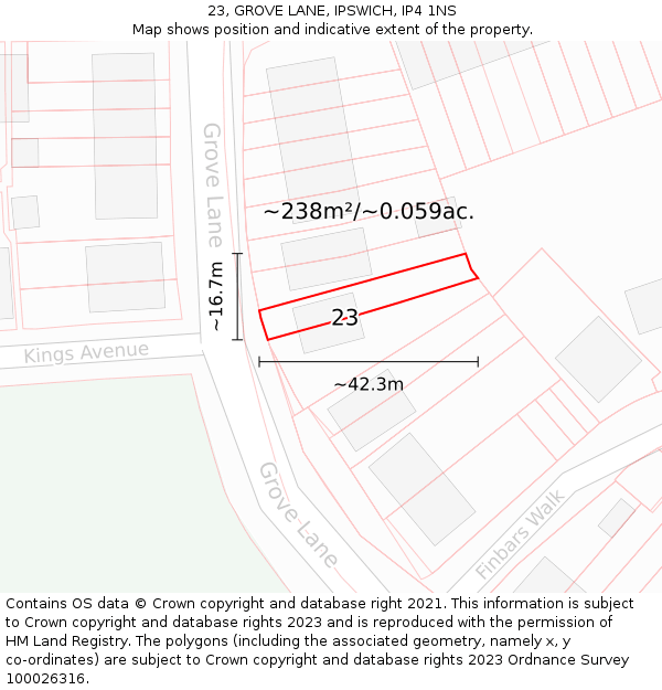 23, GROVE LANE, IPSWICH, IP4 1NS: Plot and title map