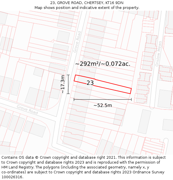 23, GROVE ROAD, CHERTSEY, KT16 9DN: Plot and title map