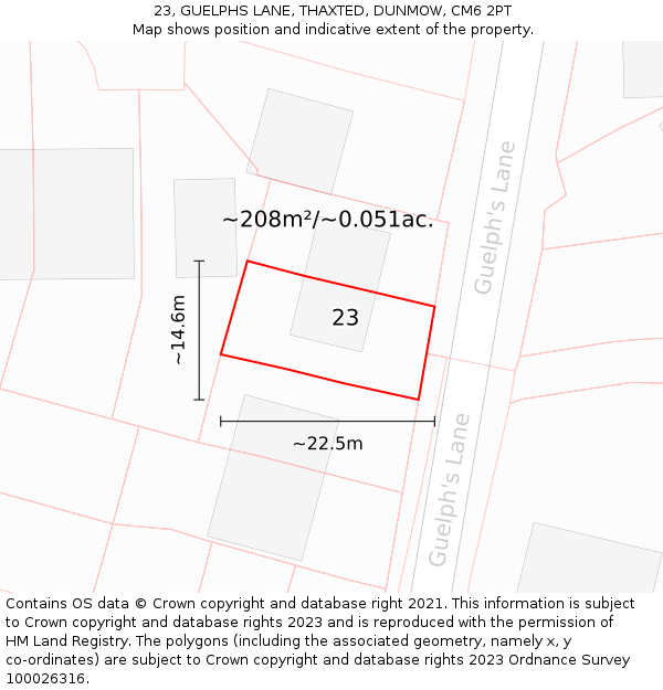 23, GUELPHS LANE, THAXTED, DUNMOW, CM6 2PT: Plot and title map
