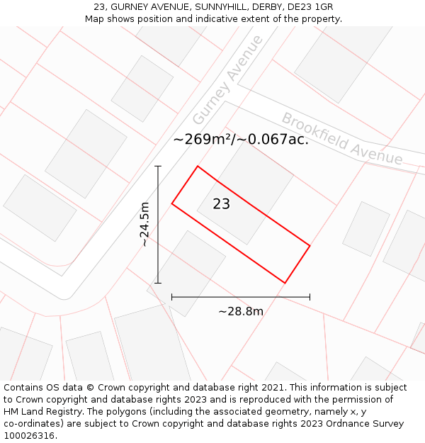 23, GURNEY AVENUE, SUNNYHILL, DERBY, DE23 1GR: Plot and title map
