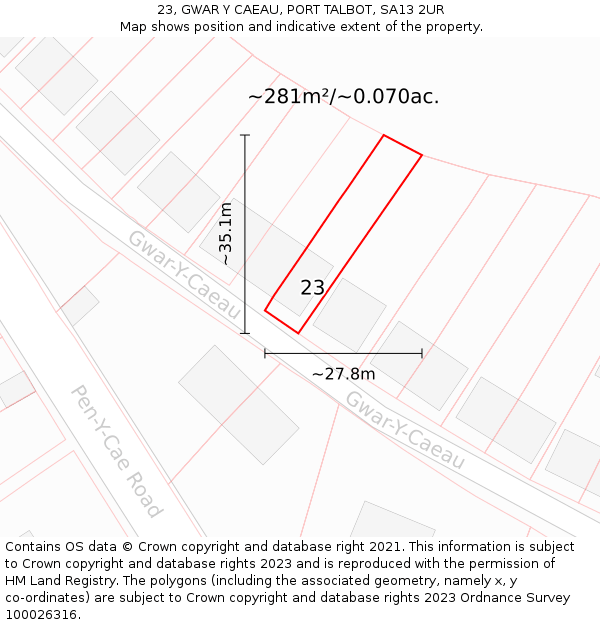 23, GWAR Y CAEAU, PORT TALBOT, SA13 2UR: Plot and title map
