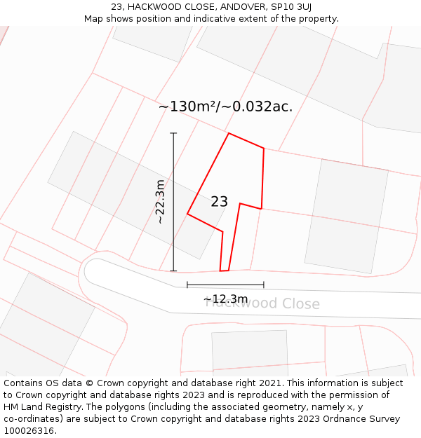 23, HACKWOOD CLOSE, ANDOVER, SP10 3UJ: Plot and title map