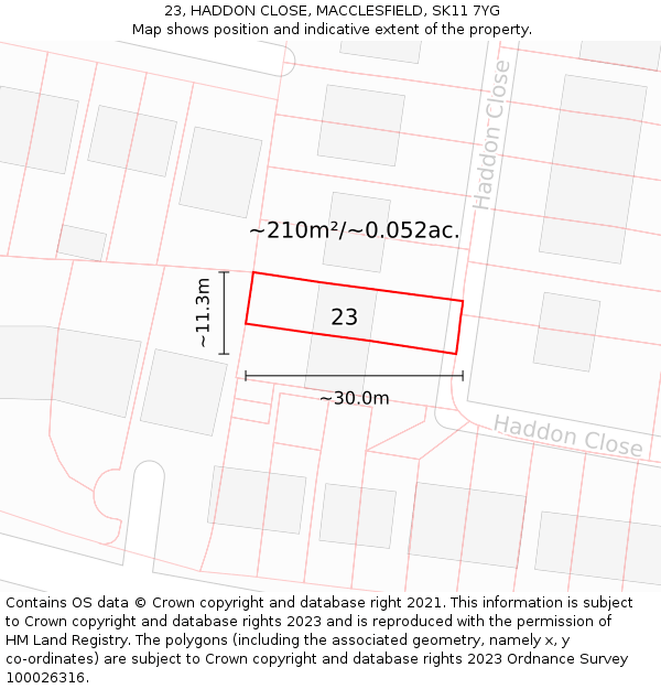 23, HADDON CLOSE, MACCLESFIELD, SK11 7YG: Plot and title map
