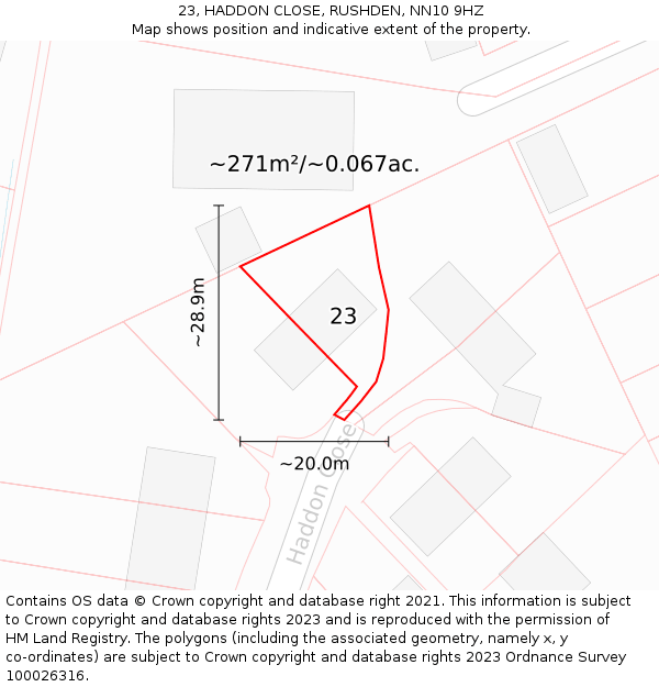 23, HADDON CLOSE, RUSHDEN, NN10 9HZ: Plot and title map