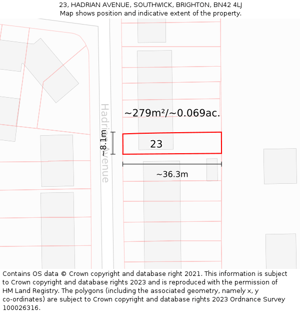 23, HADRIAN AVENUE, SOUTHWICK, BRIGHTON, BN42 4LJ: Plot and title map