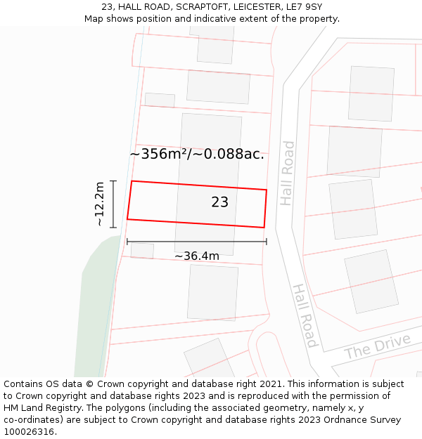 23, HALL ROAD, SCRAPTOFT, LEICESTER, LE7 9SY: Plot and title map