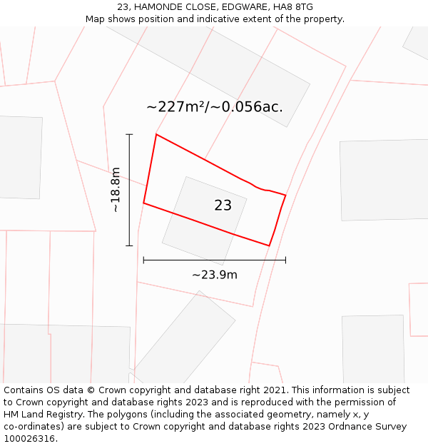 23, HAMONDE CLOSE, EDGWARE, HA8 8TG: Plot and title map