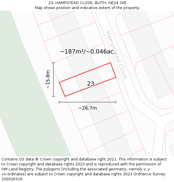 23, HAMPSTEAD CLOSE, BLYTH, NE24 3XE: Plot and title map