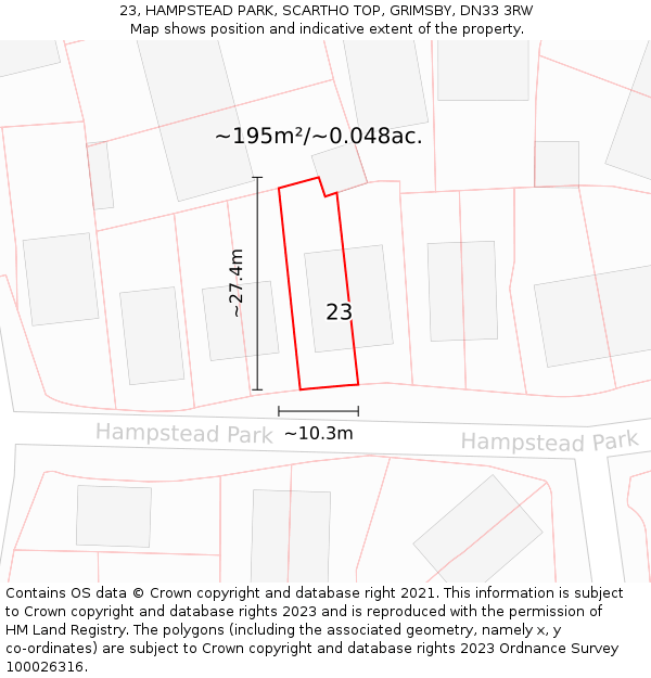 23, HAMPSTEAD PARK, SCARTHO TOP, GRIMSBY, DN33 3RW: Plot and title map
