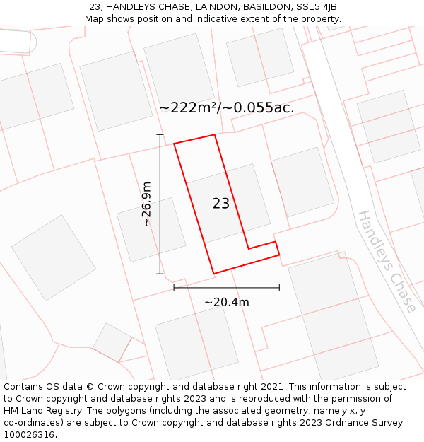 23, HANDLEYS CHASE, LAINDON, BASILDON, SS15 4JB: Plot and title map