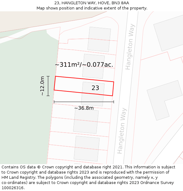 23, HANGLETON WAY, HOVE, BN3 8AA: Plot and title map