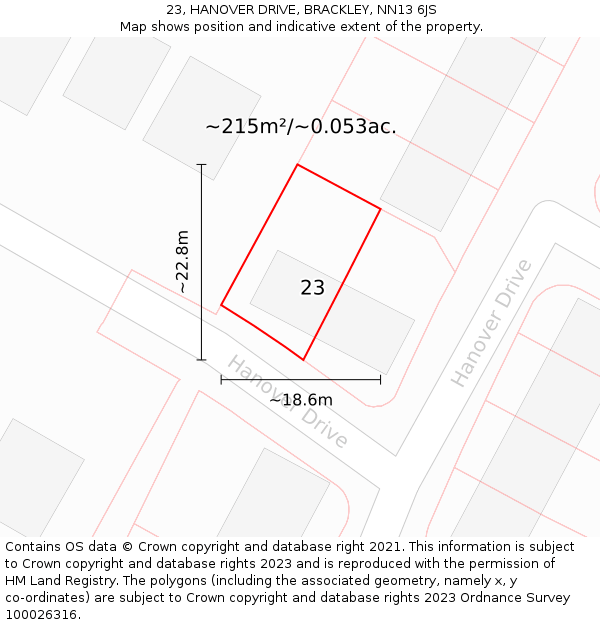 23, HANOVER DRIVE, BRACKLEY, NN13 6JS: Plot and title map