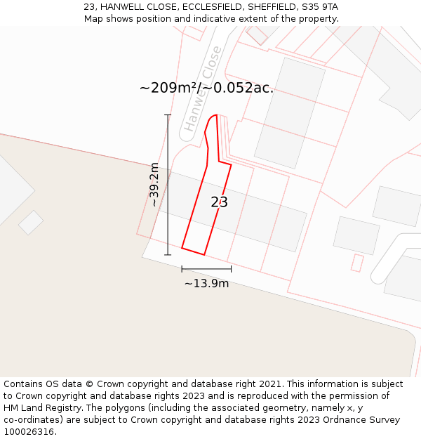 23, HANWELL CLOSE, ECCLESFIELD, SHEFFIELD, S35 9TA: Plot and title map
