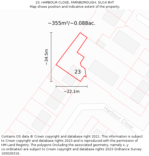 23, HARBOUR CLOSE, FARNBOROUGH, GU14 8HT: Plot and title map