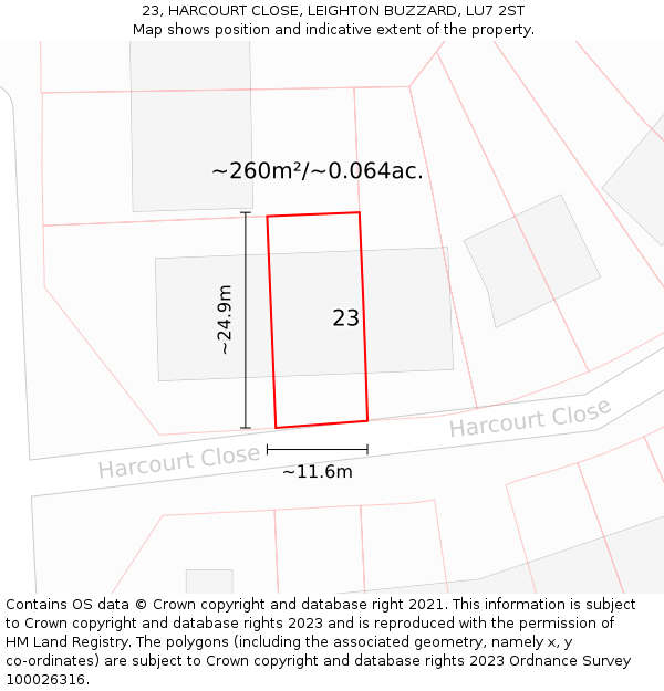 23, HARCOURT CLOSE, LEIGHTON BUZZARD, LU7 2ST: Plot and title map