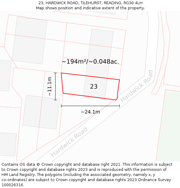 23, HARDWICK ROAD, TILEHURST, READING, RG30 4LH: Plot and title map
