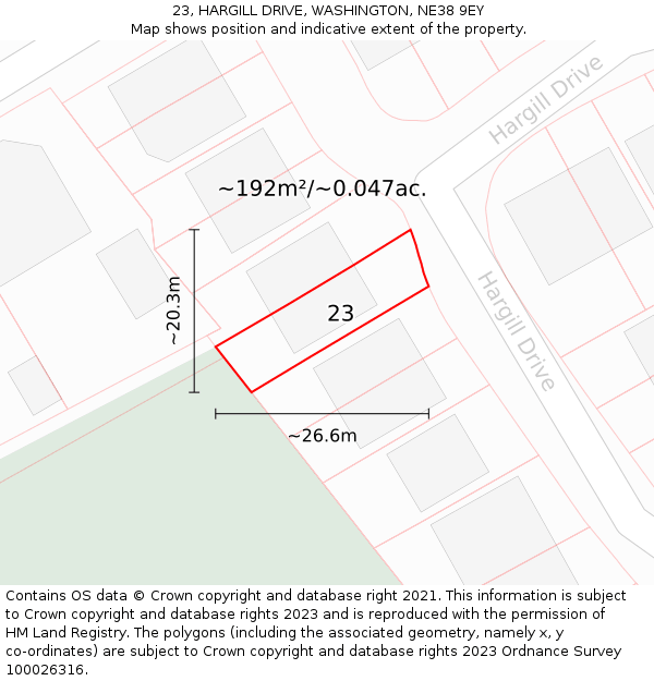23, HARGILL DRIVE, WASHINGTON, NE38 9EY: Plot and title map