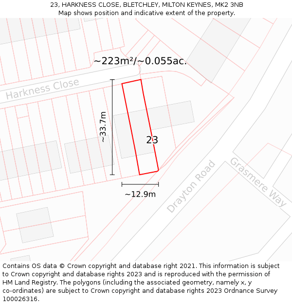 23, HARKNESS CLOSE, BLETCHLEY, MILTON KEYNES, MK2 3NB: Plot and title map