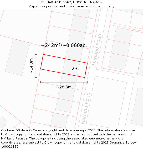 23, HARLAND ROAD, LINCOLN, LN2 4GW: Plot and title map