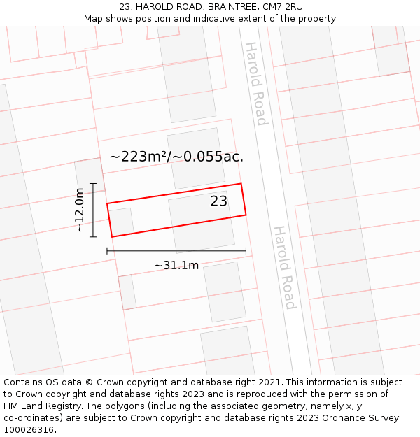 23, HAROLD ROAD, BRAINTREE, CM7 2RU: Plot and title map