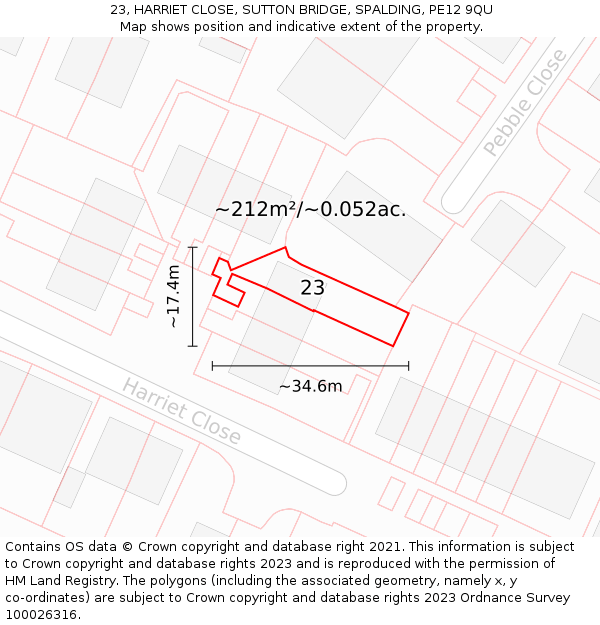 23, HARRIET CLOSE, SUTTON BRIDGE, SPALDING, PE12 9QU: Plot and title map