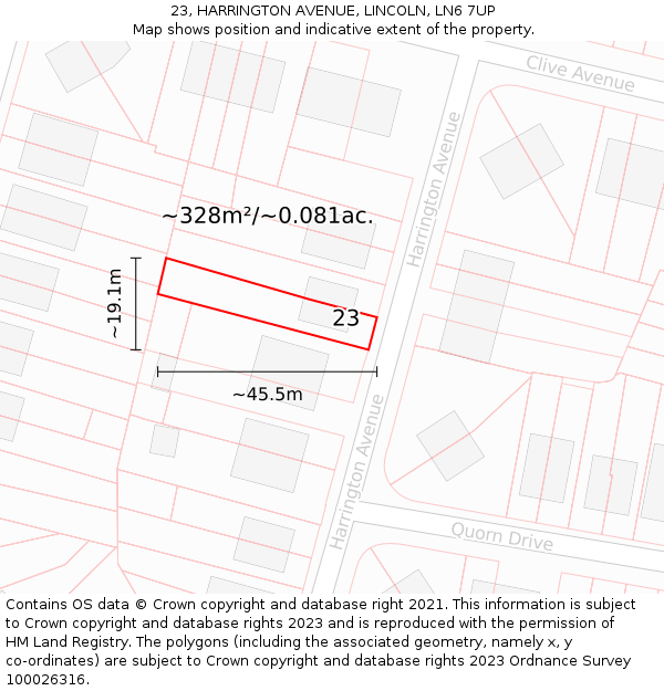 23, HARRINGTON AVENUE, LINCOLN, LN6 7UP: Plot and title map