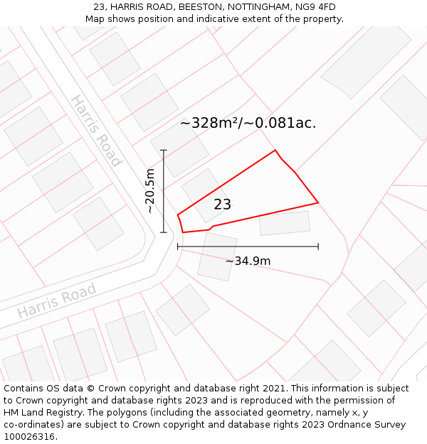 23, HARRIS ROAD, BEESTON, NOTTINGHAM, NG9 4FD: Plot and title map