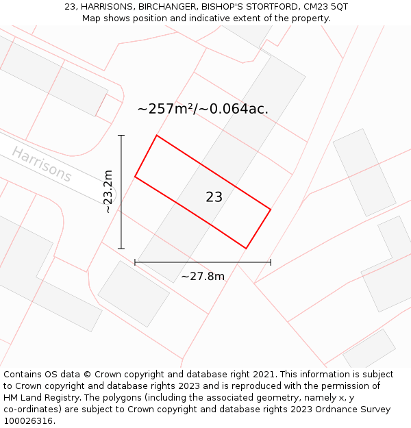23, HARRISONS, BIRCHANGER, BISHOP'S STORTFORD, CM23 5QT: Plot and title map