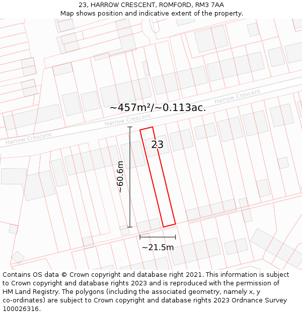 23, HARROW CRESCENT, ROMFORD, RM3 7AA: Plot and title map