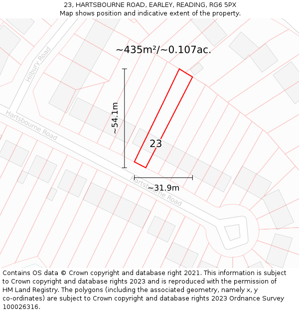 23, HARTSBOURNE ROAD, EARLEY, READING, RG6 5PX: Plot and title map