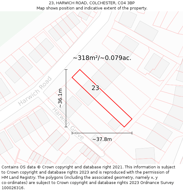 23, HARWICH ROAD, COLCHESTER, CO4 3BP: Plot and title map