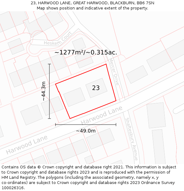 23, HARWOOD LANE, GREAT HARWOOD, BLACKBURN, BB6 7SN: Plot and title map