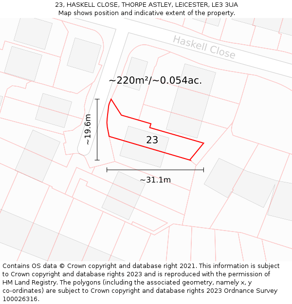 23, HASKELL CLOSE, THORPE ASTLEY, LEICESTER, LE3 3UA: Plot and title map