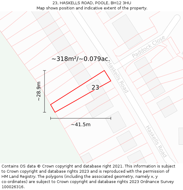 23, HASKELLS ROAD, POOLE, BH12 3HU: Plot and title map