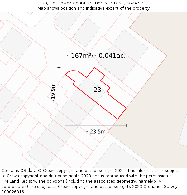 23, HATHAWAY GARDENS, BASINGSTOKE, RG24 9BF: Plot and title map