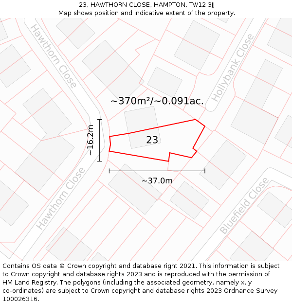 23, HAWTHORN CLOSE, HAMPTON, TW12 3JJ: Plot and title map