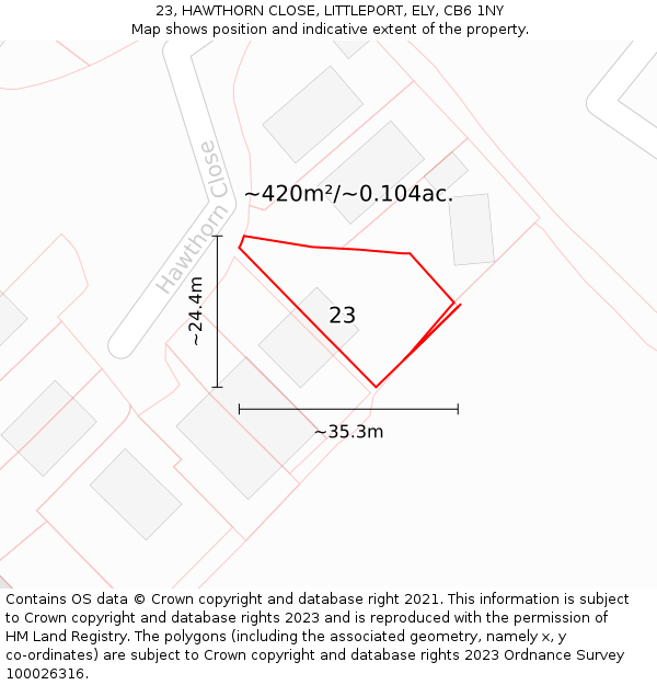 23, HAWTHORN CLOSE, LITTLEPORT, ELY, CB6 1NY: Plot and title map