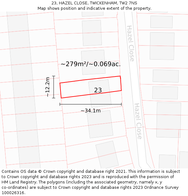 23, HAZEL CLOSE, TWICKENHAM, TW2 7NS: Plot and title map