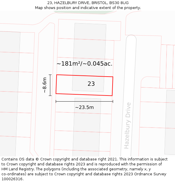 23, HAZELBURY DRIVE, BRISTOL, BS30 8UG: Plot and title map