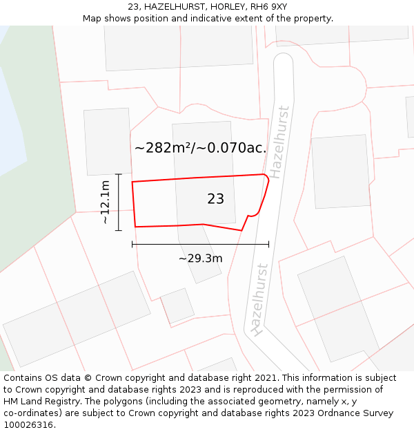 23, HAZELHURST, HORLEY, RH6 9XY: Plot and title map