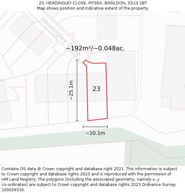 23, HEADINGLEY CLOSE, PITSEA, BASILDON, SS13 1BT: Plot and title map