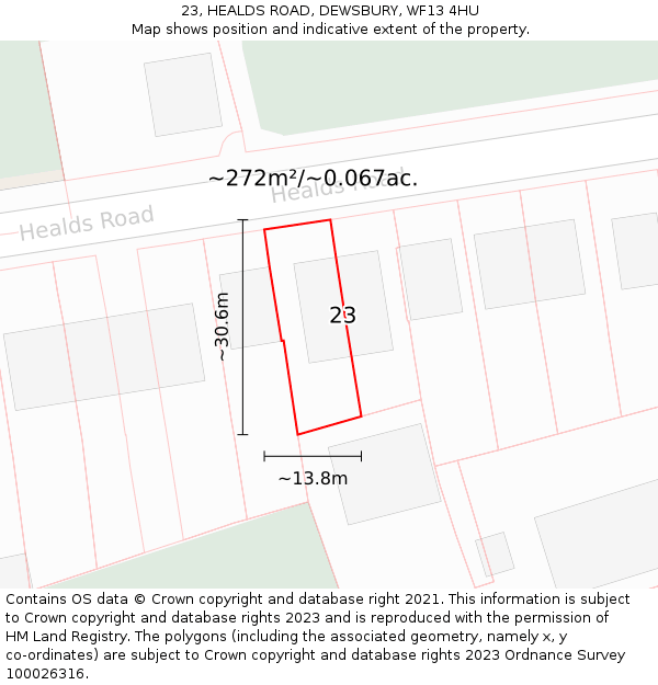 23, HEALDS ROAD, DEWSBURY, WF13 4HU: Plot and title map