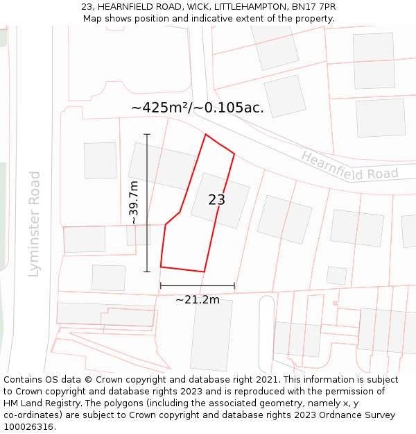 23, HEARNFIELD ROAD, WICK, LITTLEHAMPTON, BN17 7PR: Plot and title map