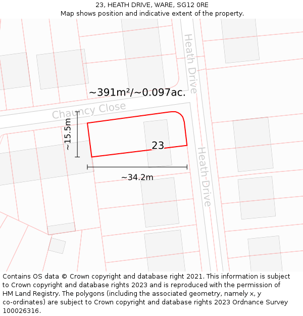 23, HEATH DRIVE, WARE, SG12 0RE: Plot and title map